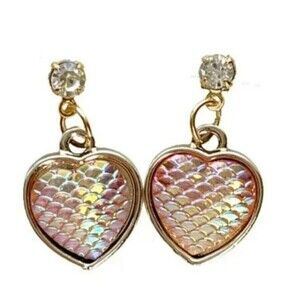 NEW Pink Hologram Heart Dangle Stud Earrings Mermaid White Rhinestone Gold NWT